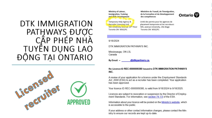 DTK ĐƯỢC CẤP PHÉP LĨNH VỰC TUYỂN DỤNG LAO ĐỘNG TẠI ONTARIO